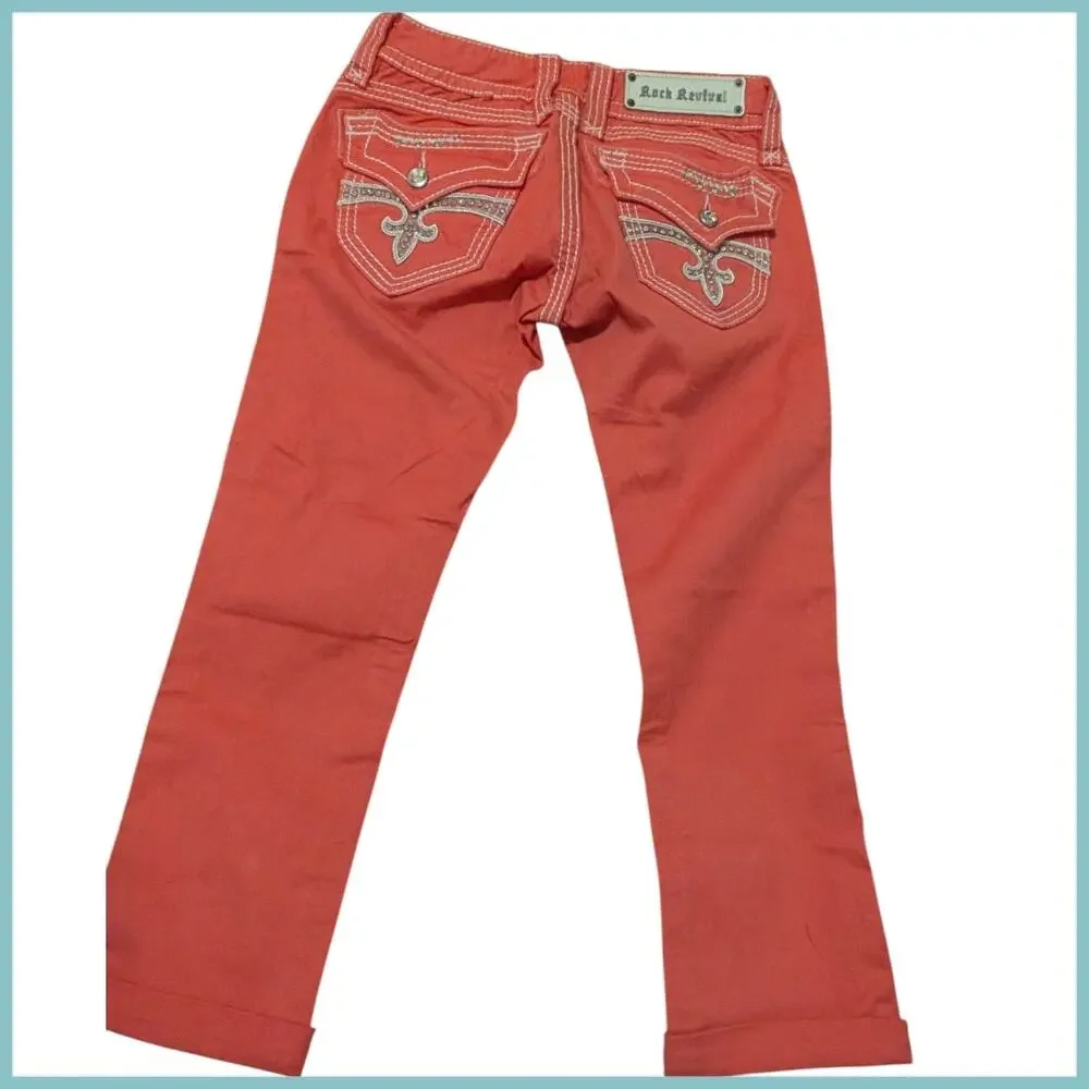 ROCK REVIVAL Scarlett Low Rise Rhinestone Flap Pocket Capri Women's 26 Y2K Bling